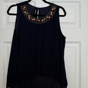 Lush Navy Top with Embellished Neckline
